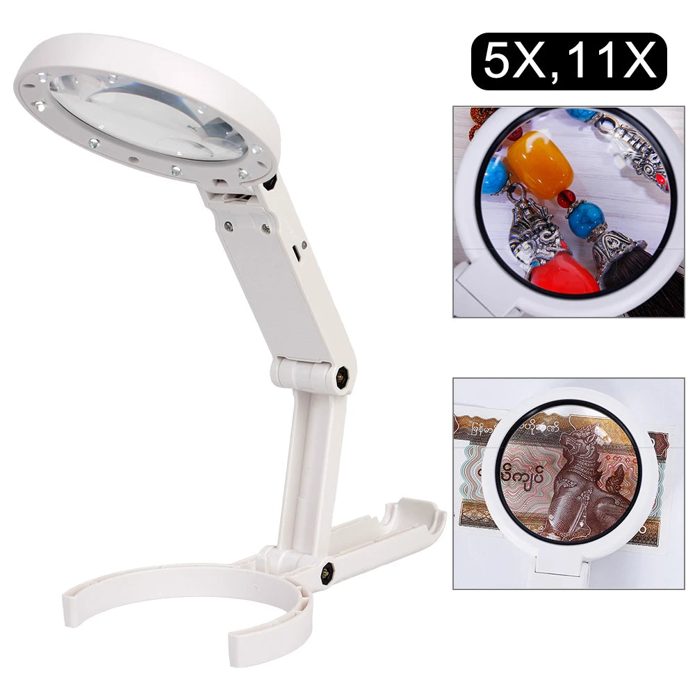 Foldable with 8 LED Light 5x 11x Stand Desk for Jewelry Appraisal Reading Repair Magnifying Glass Portable Hand-held