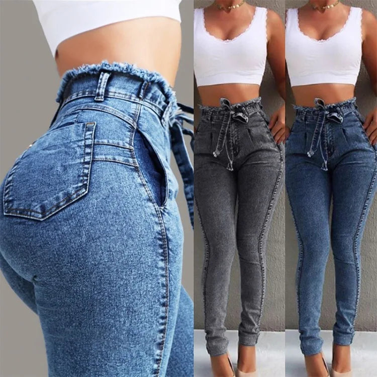 High Waist Skinny Jeans with Tassel Belt and Stretch Slim Fit