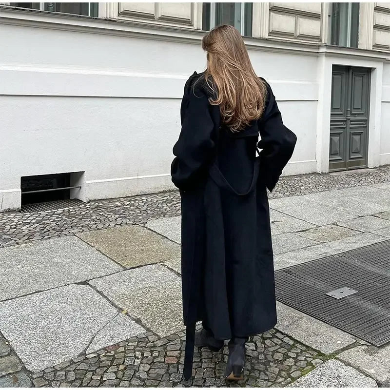 Women's Black Long Wool Coat with Belt and Lapel