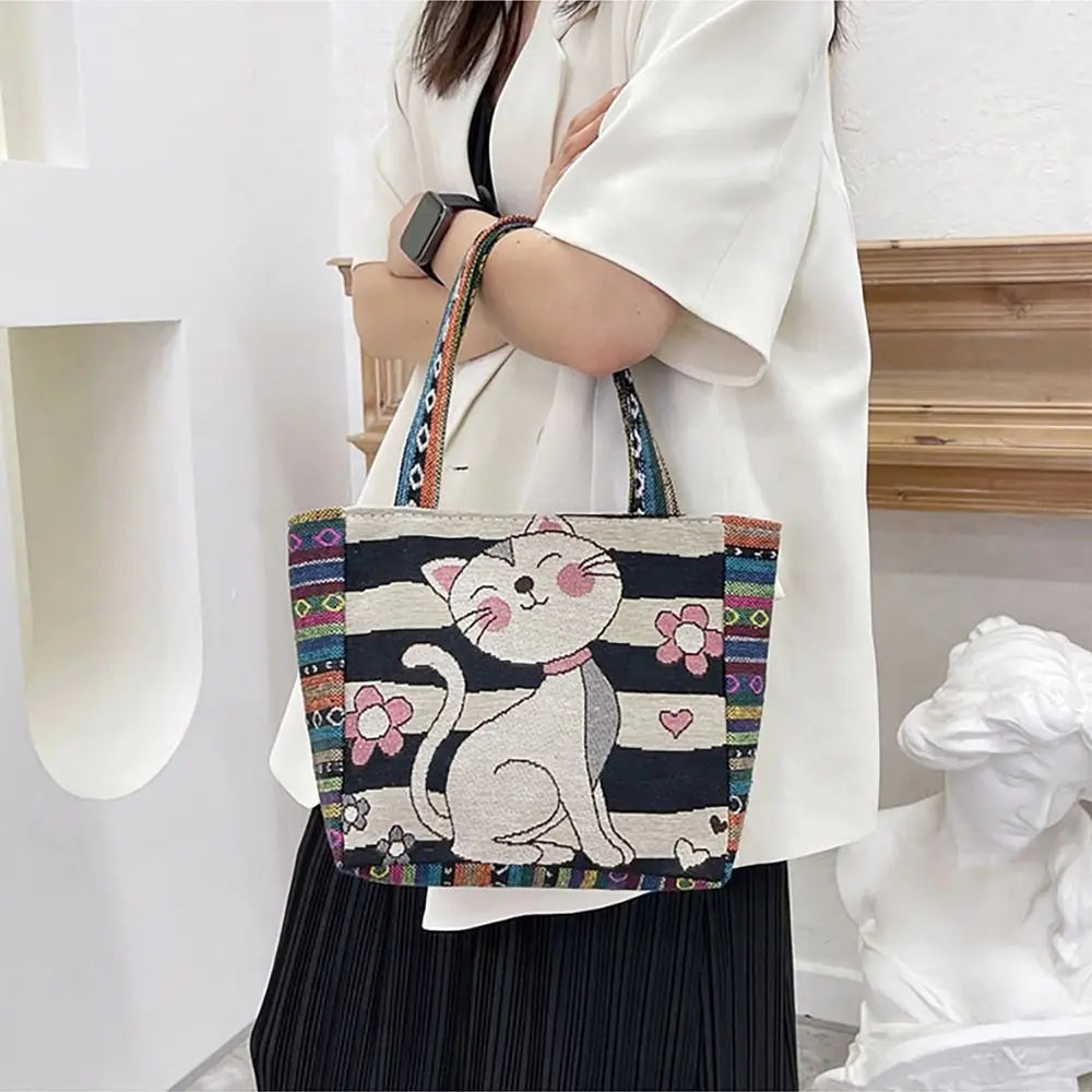 Fashion Women's Canvas Handbag - Animal Ethnic Style Embroidered Tote Bag with Elephant, Peacock, and Rabbit Designs