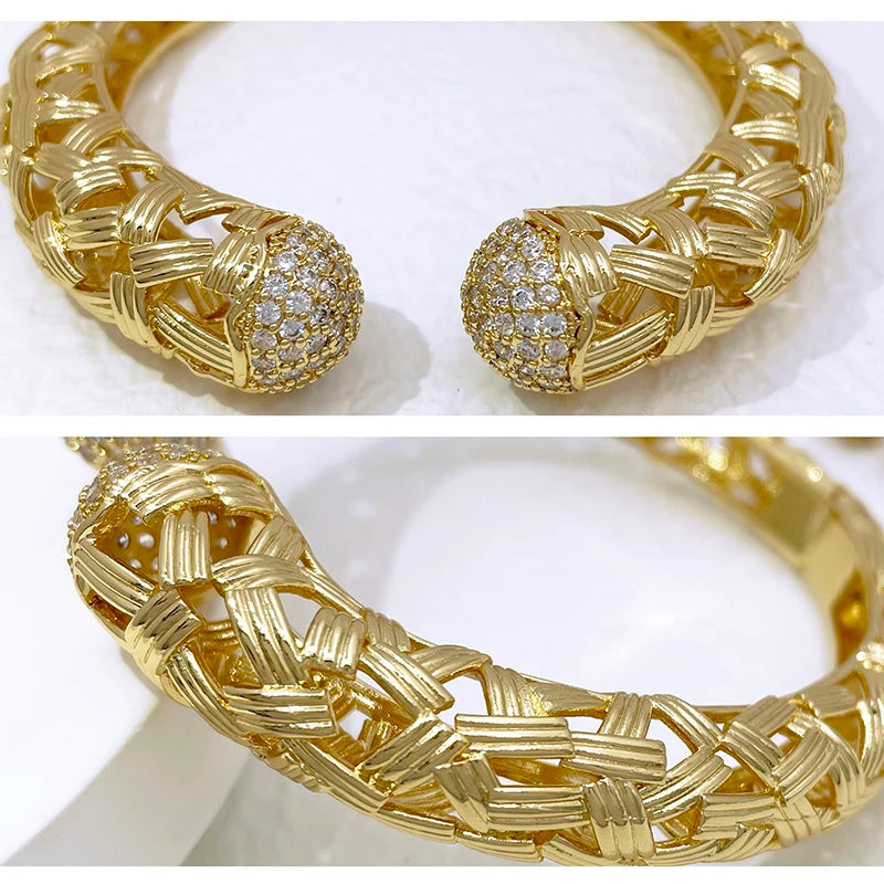 Bracelet For Women 18K Gold Plated Woven Pattern Copper Zircon Bangle And Ring Dubai Jewelry Nigeria Trending Wedding Party Gift