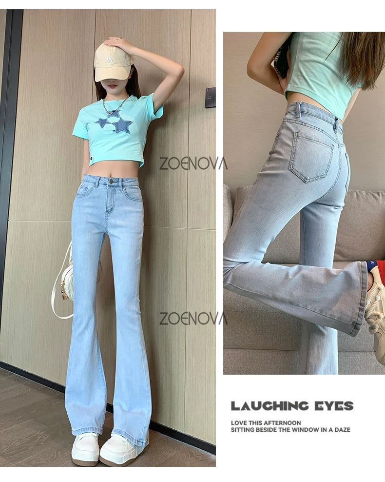 ZOENOVA Harajuku Street Casual Simple Solid Color Women's Jeans 2024 New Fashion Lady High Waist Slim VersatileMicro Flare Pants