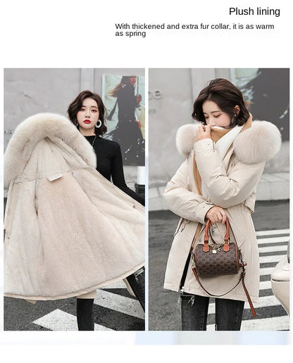 Hooded Long Parka with Wool Liner and Fur Collar Slim and Warm