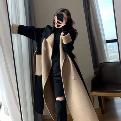 Elegant Long Cashmere Blend Overcoat with Slim Sashes