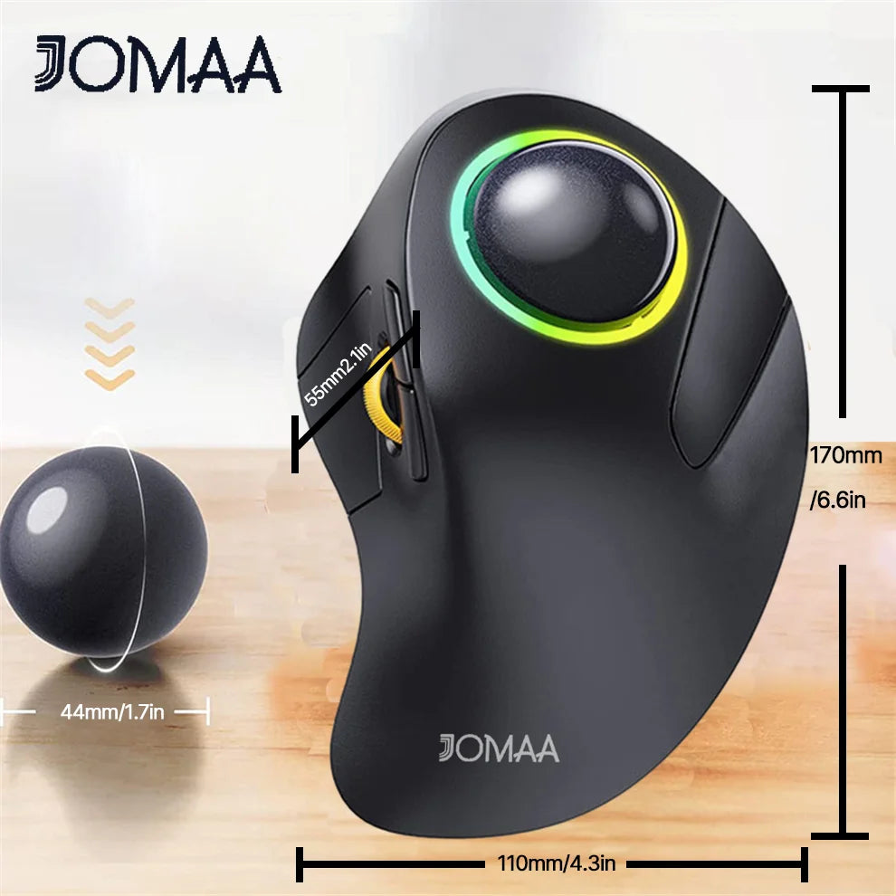 JOA RGB Bakgrundsbelyst trådlös Trackball-mus Trådlös 2.4G Uppladdningsbar Ergonomisk Rollerball-spelmus för bärbar dator Mac iPad-spel