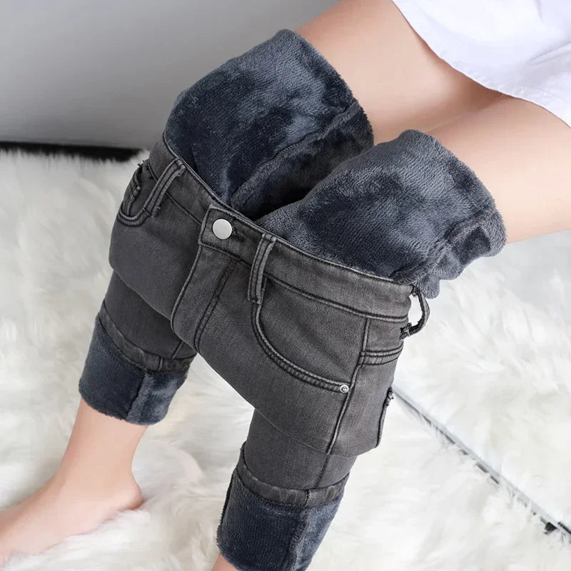 ZOENOVA  Women Thick Velvet Jeans Fleece  Warm Korean Fashion High Waist Skinny Elastic Pants Jean Casual Legging Winter 2023