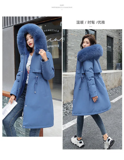 Long Hooded Parka with Wool Liner and Fur Collar Thick and Warm