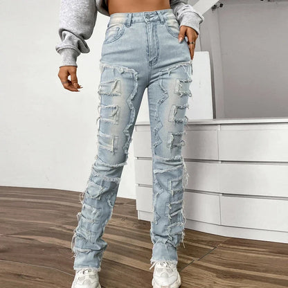 XURU-jeans med elastisk patch för kvinnor, slitstarka, raka ben, europeisk och amerikansk klädsel, K16-CK3018, ny