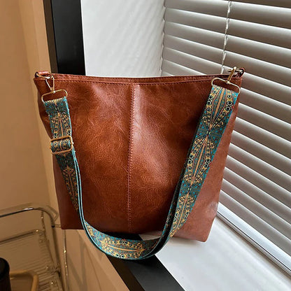 Bred geometrisk axelremsväska med stor kapacitet Crossbody-väskor för kvinnor, retro PU-läderväska för kvinnor för shoppingresor