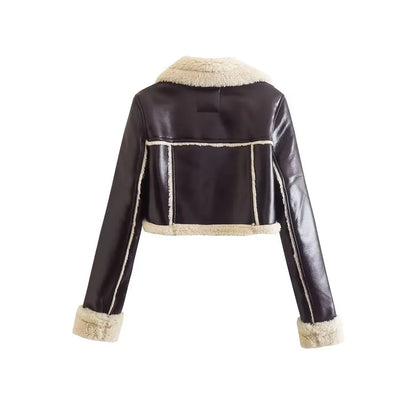 Double-Sided Cropped Leather Jacket with Zipper Loose Fit and Stylish