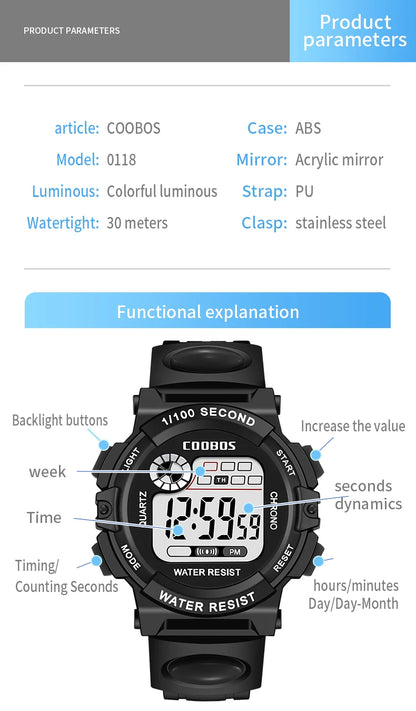 COOBOS Brand Children Watch Sports Digital Watch for Kids Boys Girls Student 30M Waterproof Multifunctional LED Wristwatch