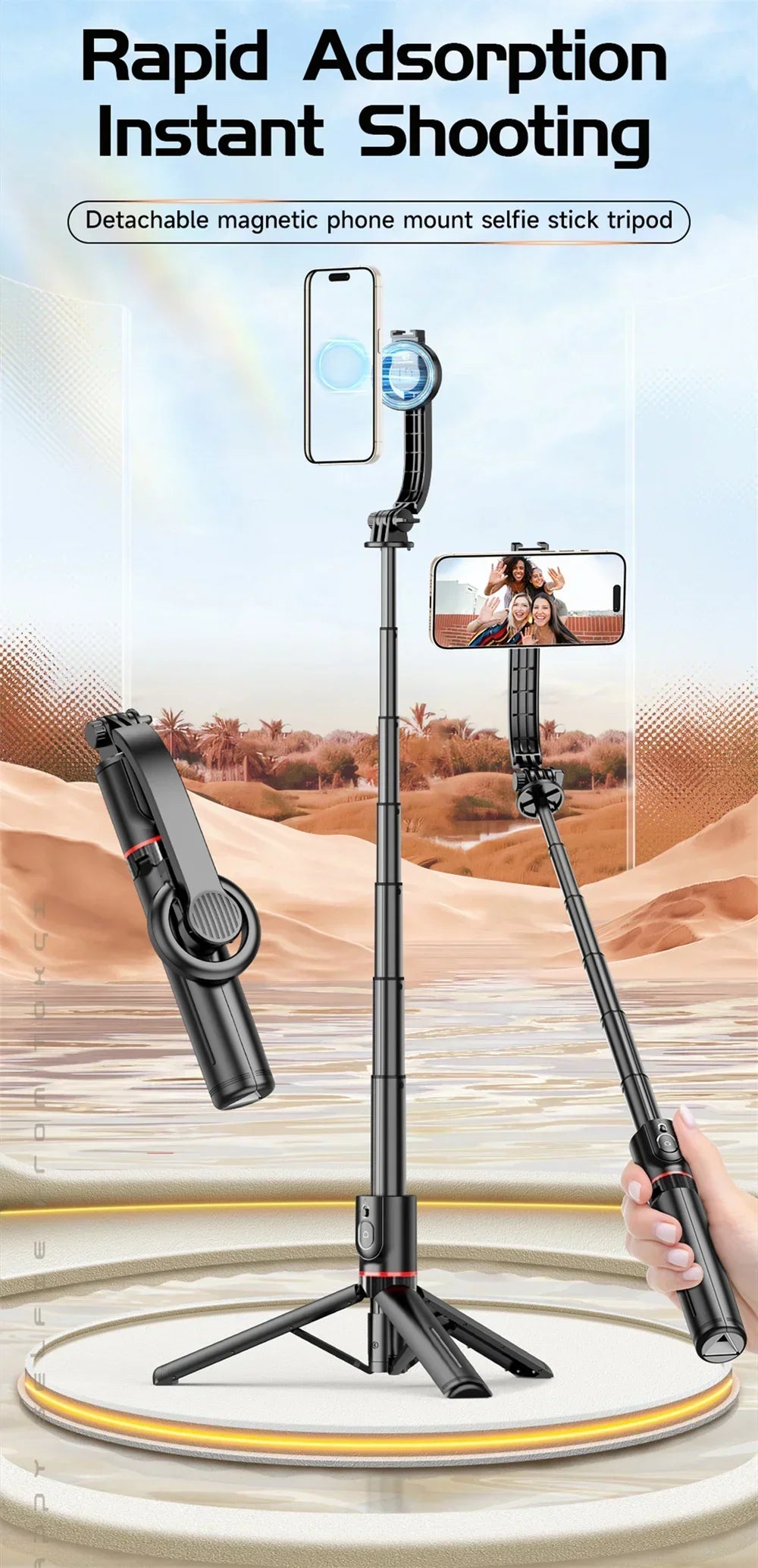 Magnetic Mini Extendable Selfie Stick Tripod Holder Stand with Bluetooth Wireless Remote for Magsafe IPhone 15 Android Monopod