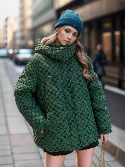 Hooded Green Printed Jacket with Zippers Chic Casual