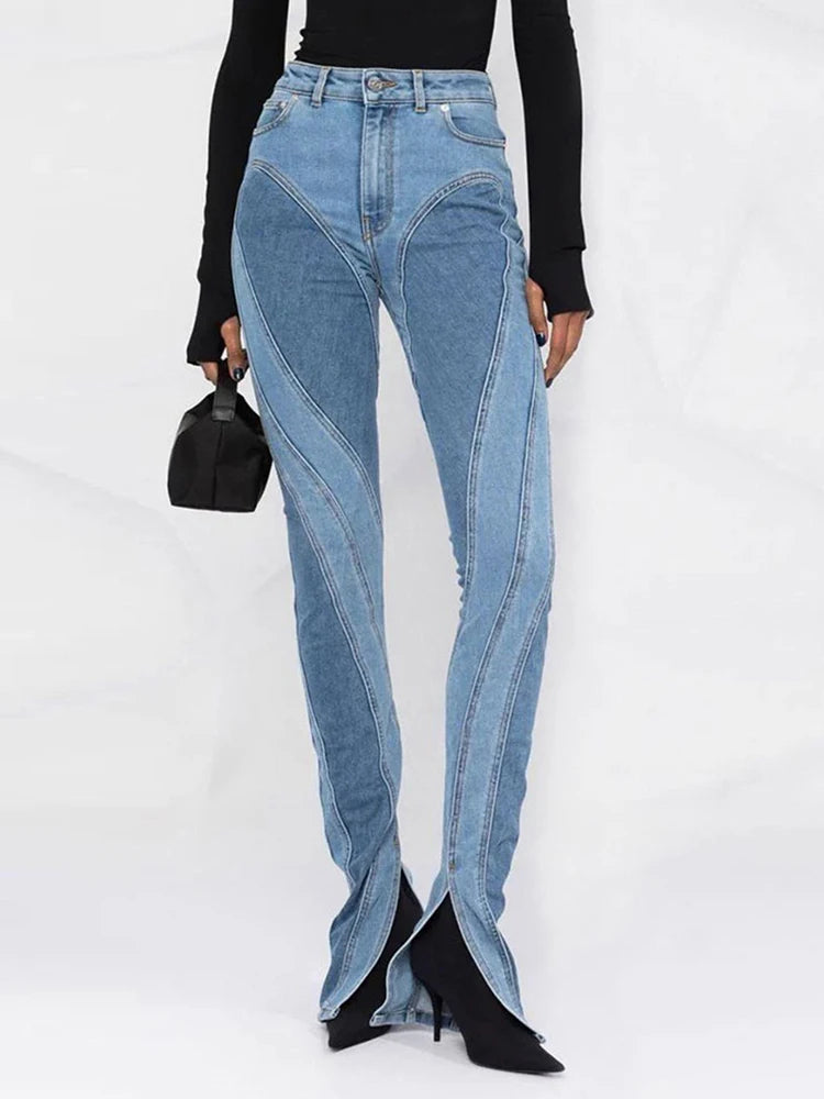 DEAT Mode damjeans Slim Deconstruct Panel Patchwork Hög midja Split Blå Långa jeansbyxor våren 2025 Nyhet 1DF2575