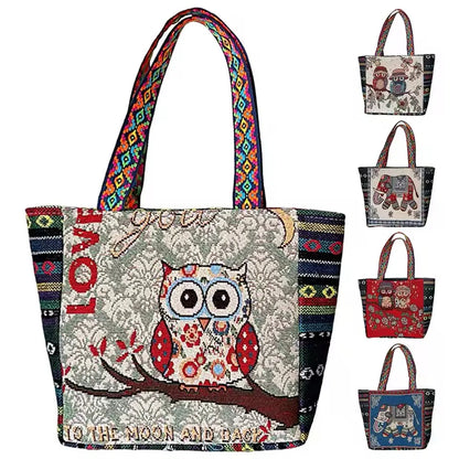 Embroidered Tote Bag: Retro Owl Elephant Print, Large Capacity Reusable Shopping