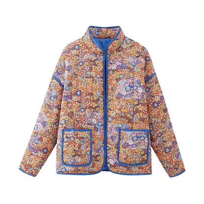 Floral Print Quilted Jacket with Stand Collar and Pockets Chic and Warm