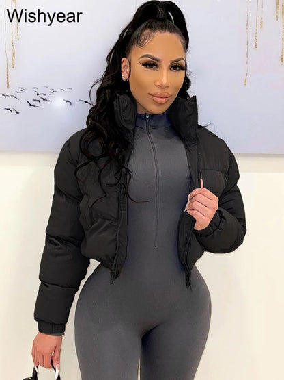 Women's Gray Short Puffer Jacket with Zipper