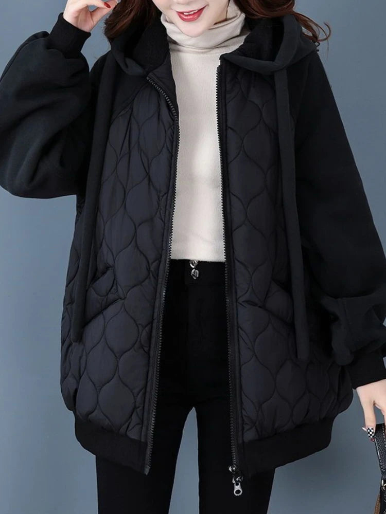 Hooded Spliced Down Cotton Puffer Jacket Loose and Quilted