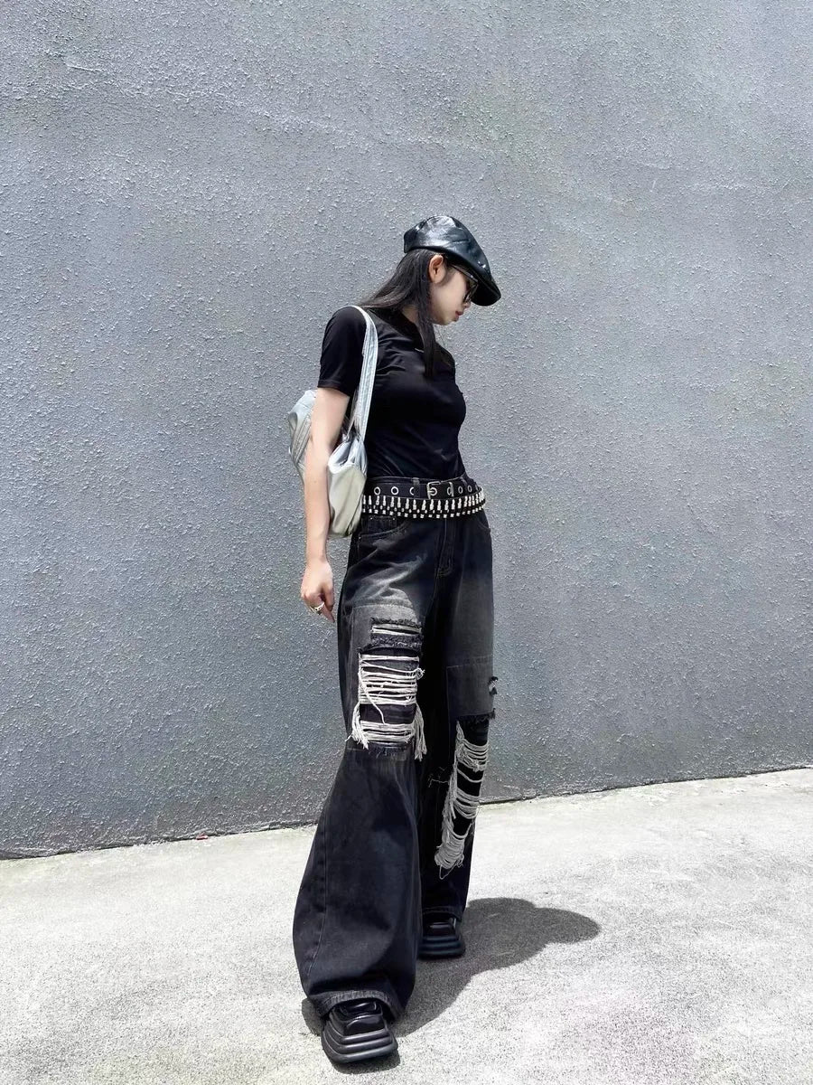 Svarta Baggy Ripped Jeans Gothic Y2K Estetisk Vintage Style