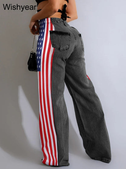 Wide Leg Baggy Jeans with High Waist and Stripe Patchwork Design