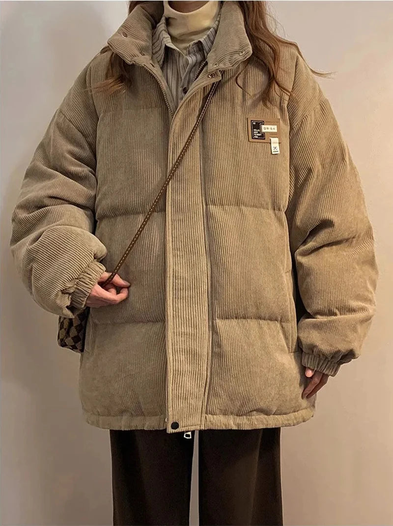 Överdimensionerad Corduroy Puffer Coat med fickor Varm och Retro Y2K Style