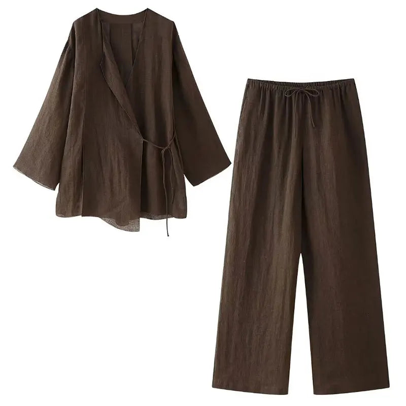 Linen Shirt and Pleated Pants Set with Belted Kimono Top Stylish and Light