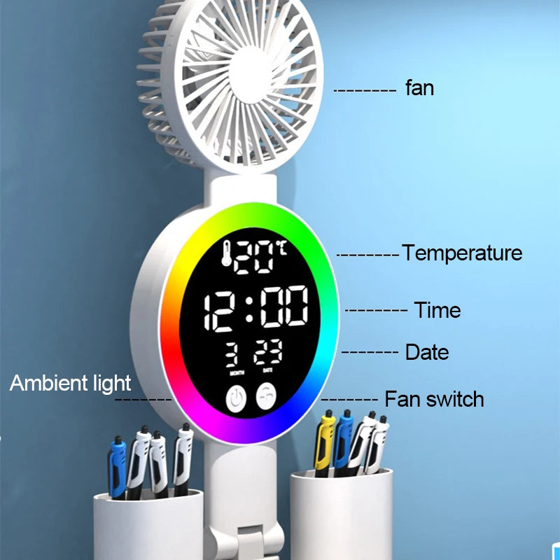 Rechargeable LED Table Lamp with Fan – Desk Reading Light, Night Light, and Clock Display