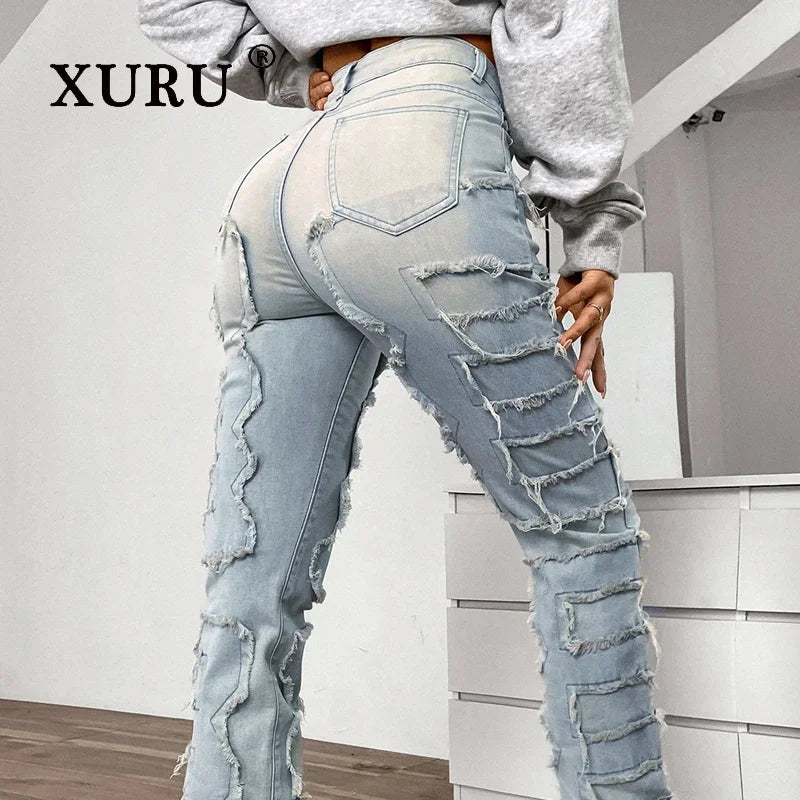 XURU-Elastic Patch Jeans for Women, Tear Layered, Straight Leg, European and American Wear, K16-CK3018, New