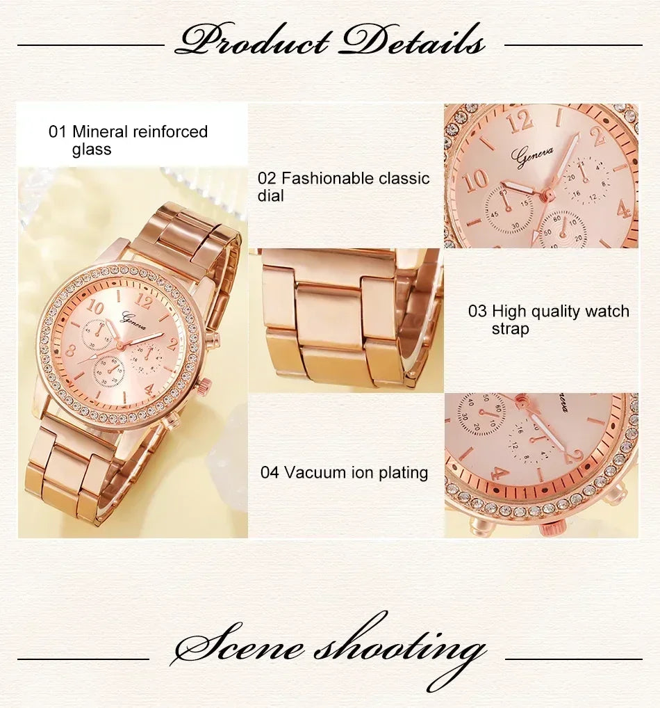 6st set Rose Gold Luxury Watch Dam Ring Halsband Örhänge Strass Mode Armbandsur Casual Dam Armband Klockor