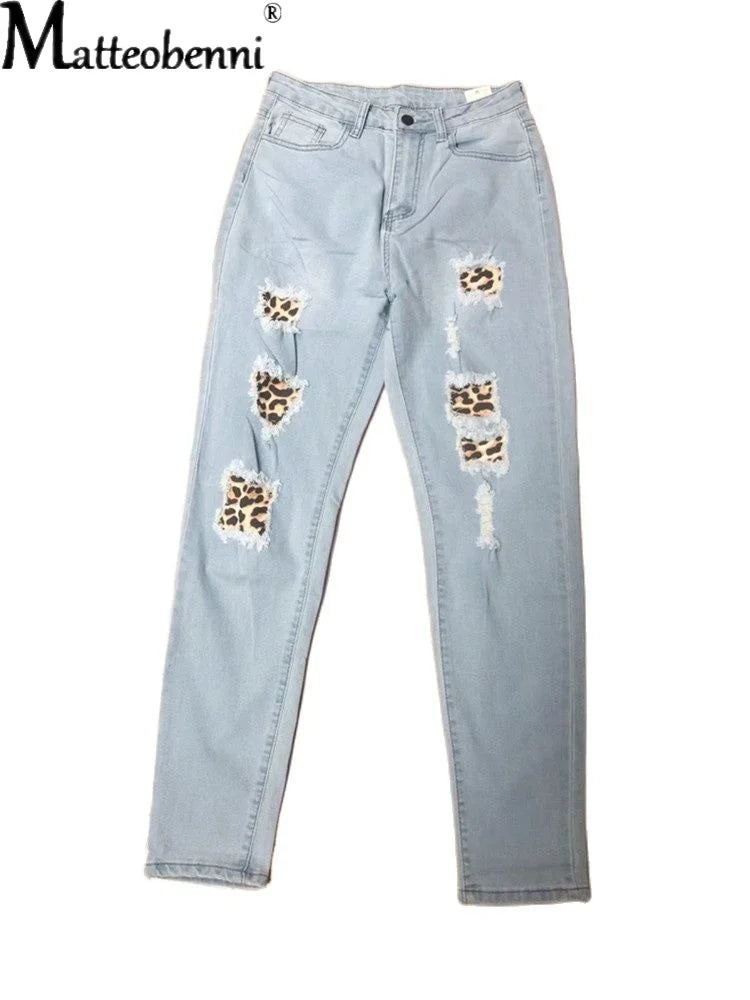 High Waist Ripped Skinny Jeans with Leopard Print Patch Street Style