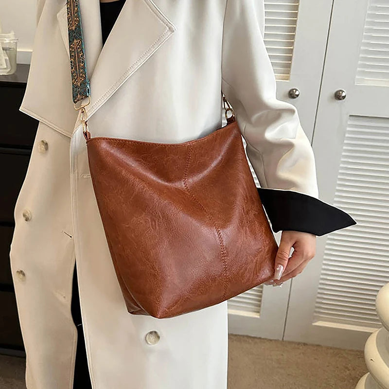 Wide Geometric Strap Shoulder Bag Large Capacity Crossbody Bags For Women,Retro PU Leather Women's Bag For Shopping Travel