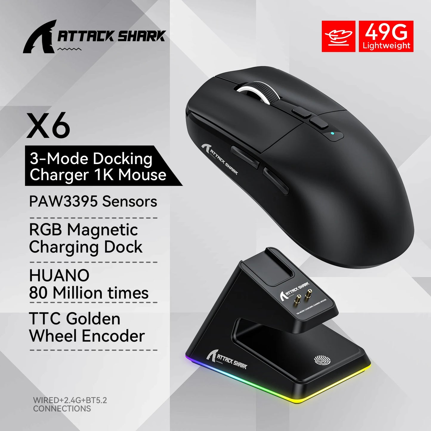 Shark X6 PAW3395 Bluetooth-mus, Tri-Mode Connection, RGB Touch Magnetic Charging Base