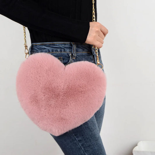 Heart Shaped Handbag: Cute Faux Fur Crossbody, Soft Plush Chain Shoulder Shopper