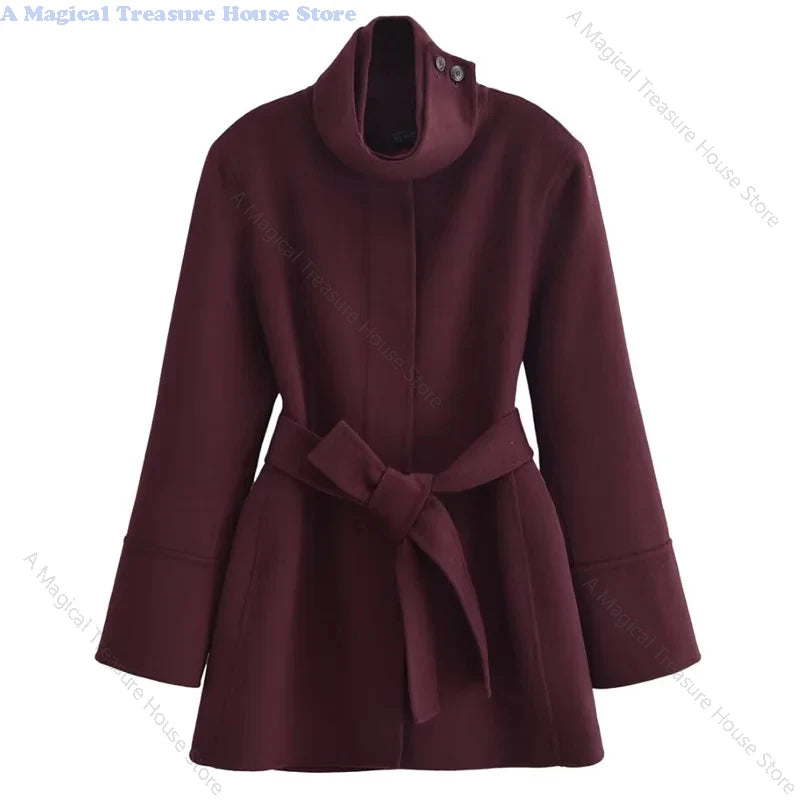 Women's Burgundy Tweed Coat with Belt and Long Sleeves