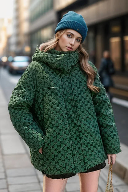 Hooded Green Printed Jacket with Zippers Chic Casual