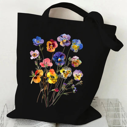 Boho Wildflowers Pattern Canvas Tote Bag – Retro Graphics Reusable Shopper Bag for Women, Stylish Cloth Handbag for Everyday Use