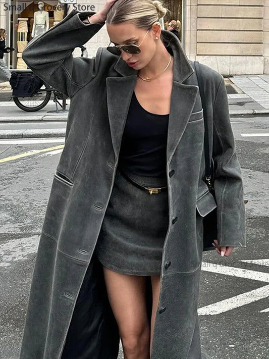 Women's Grey Leather Long Coat with Turndown Collar