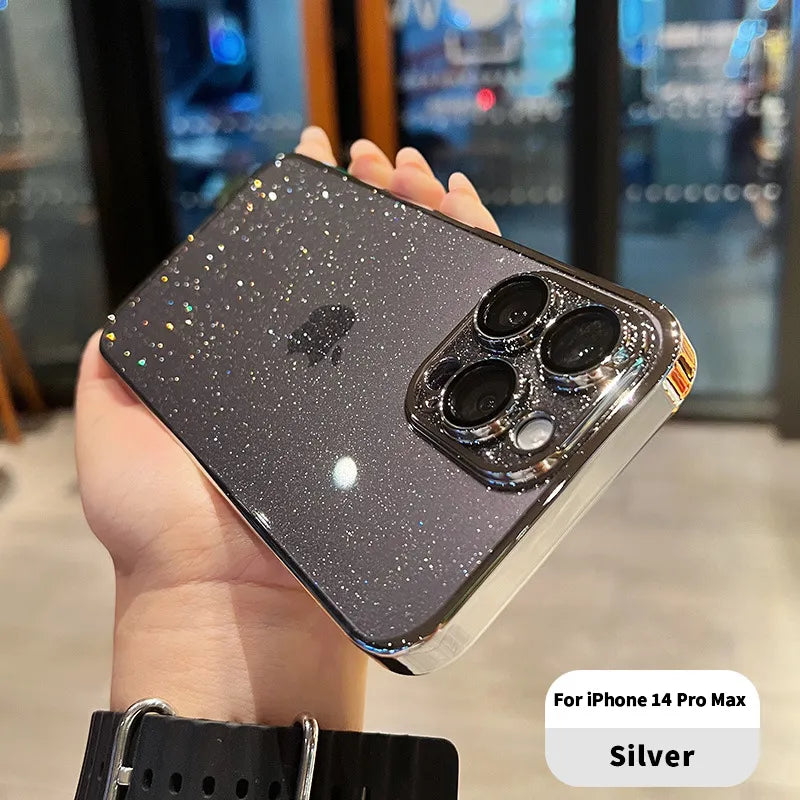 Lyxigt glittertelefonfodral för iPhone: Genomskinlig genomskinlig stötsäker hård baksida