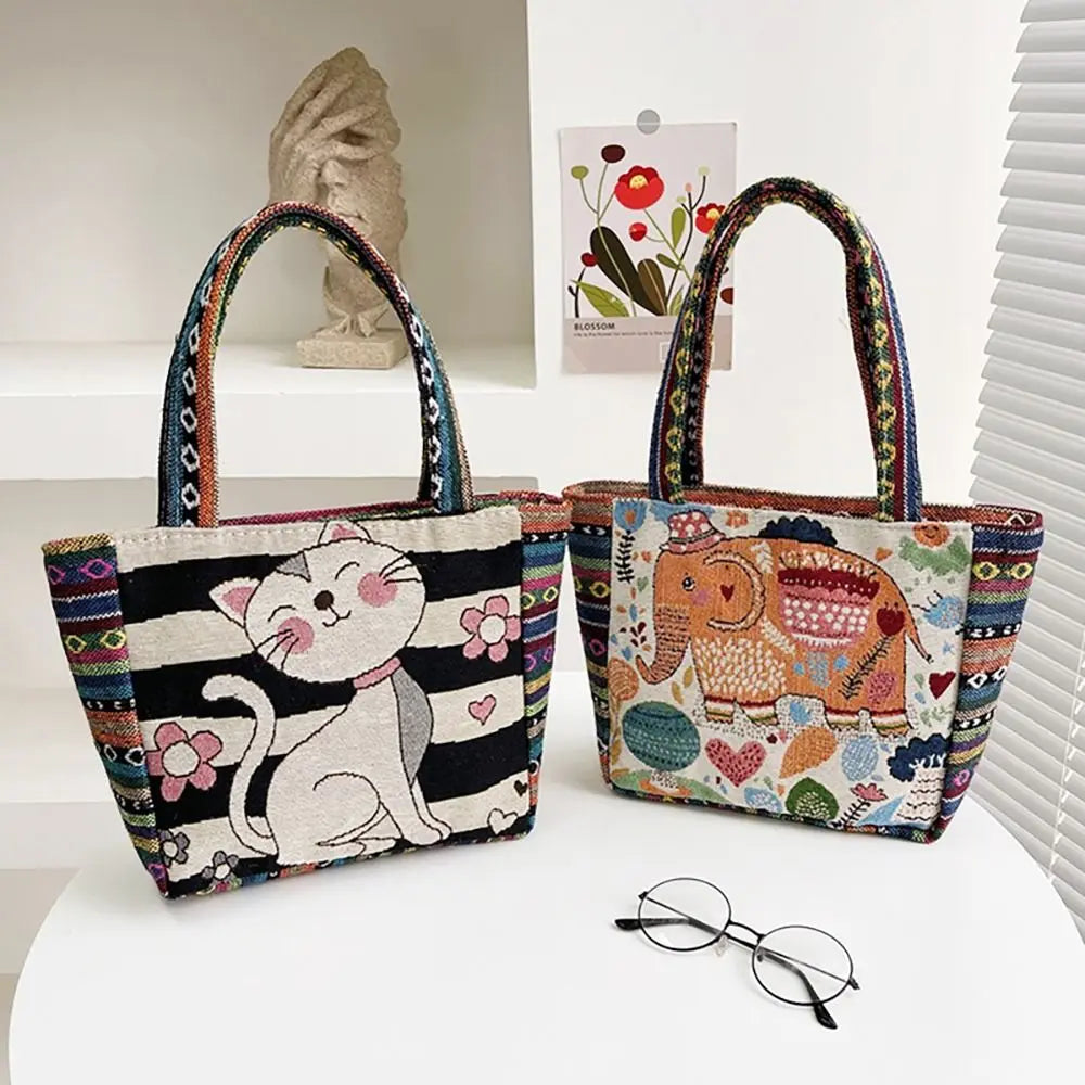 Fashion Women's Canvas Handbag - Animal Ethnic Style Embroidered Tote Bag with Elephant, Peacock, and Rabbit Designs