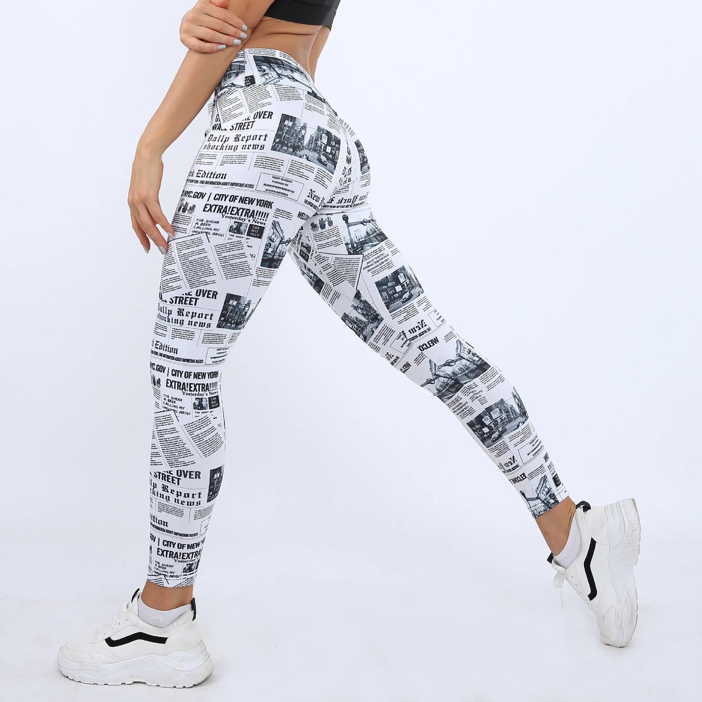 Women's High Waist Seamless Leggings with Newspaper Print