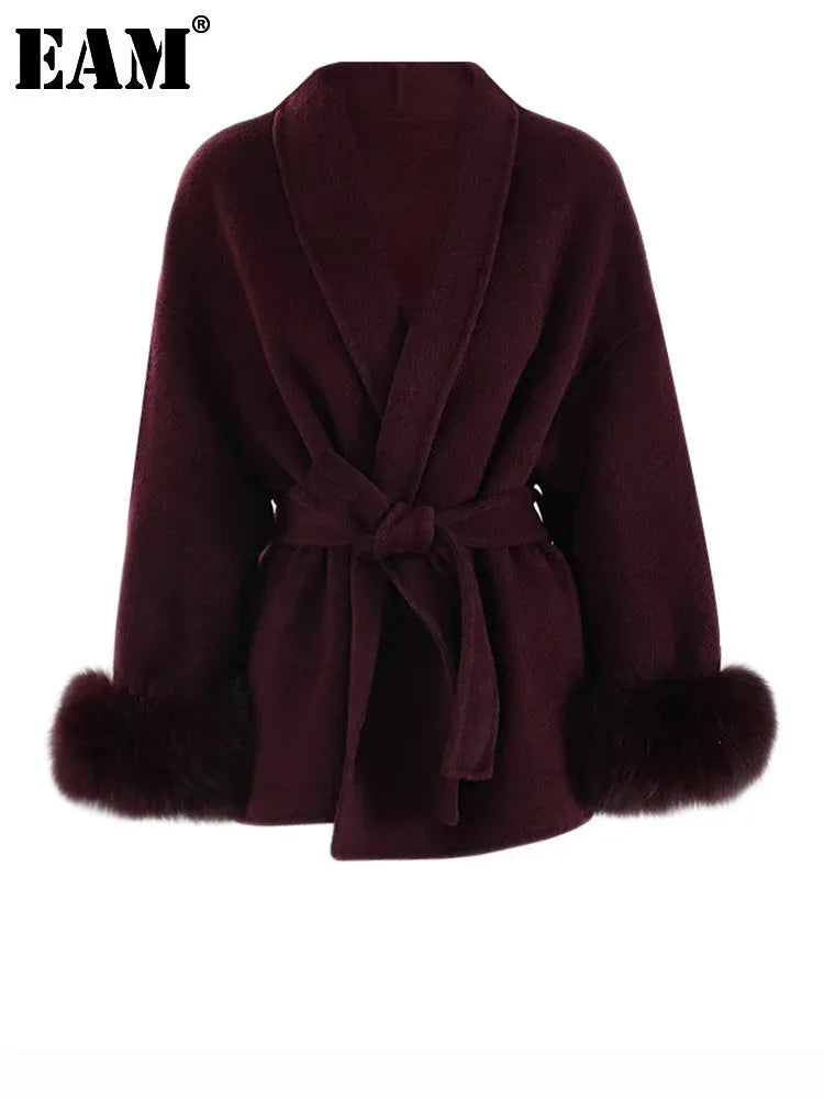 Wine Red Woolen Coat with Fur Cuffs and Belted Design