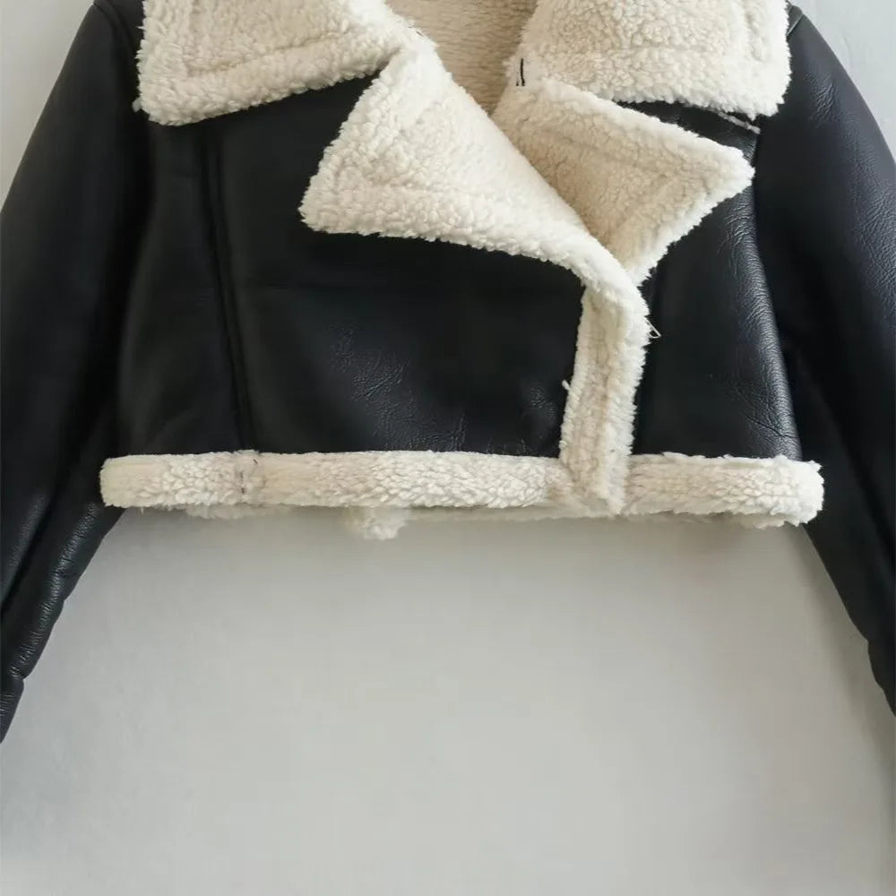 Double-Sided Cropped Leather Jacket with Zipper Loose Fit and Stylish