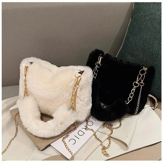 Fashion Women Fluffy Shoulder Bag – Winter Chain Underarm Bag with Soft Plush Handle