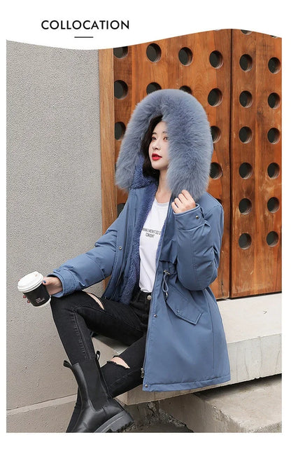 Hooded Long Parka with Wool Liner and Fur Collar Slim and Warm