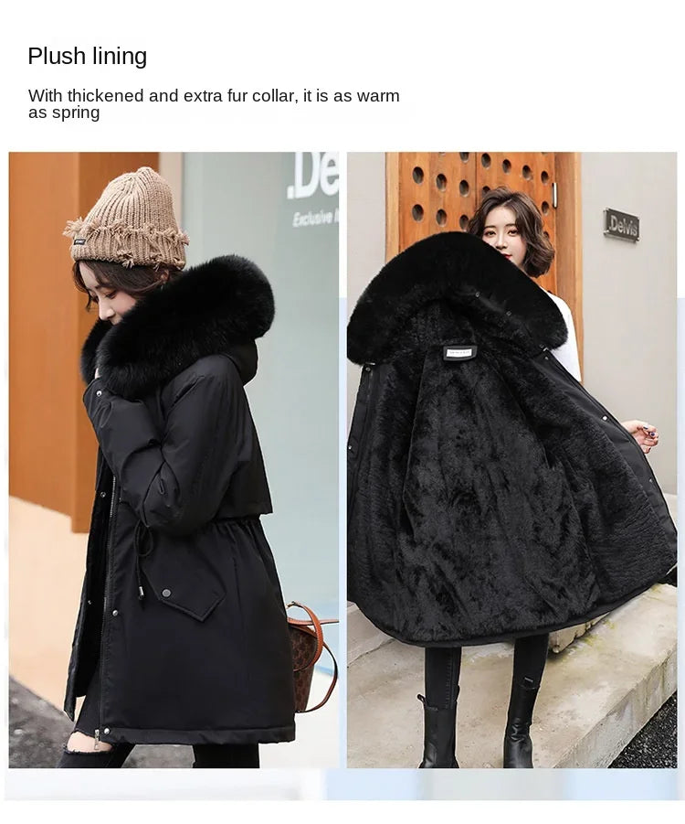 Hooded Long Parka with Wool Liner and Fur Collar Slim and Warm