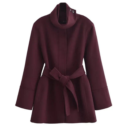 Women's Burgundy Tweed Coat with Belt and Long Sleeves