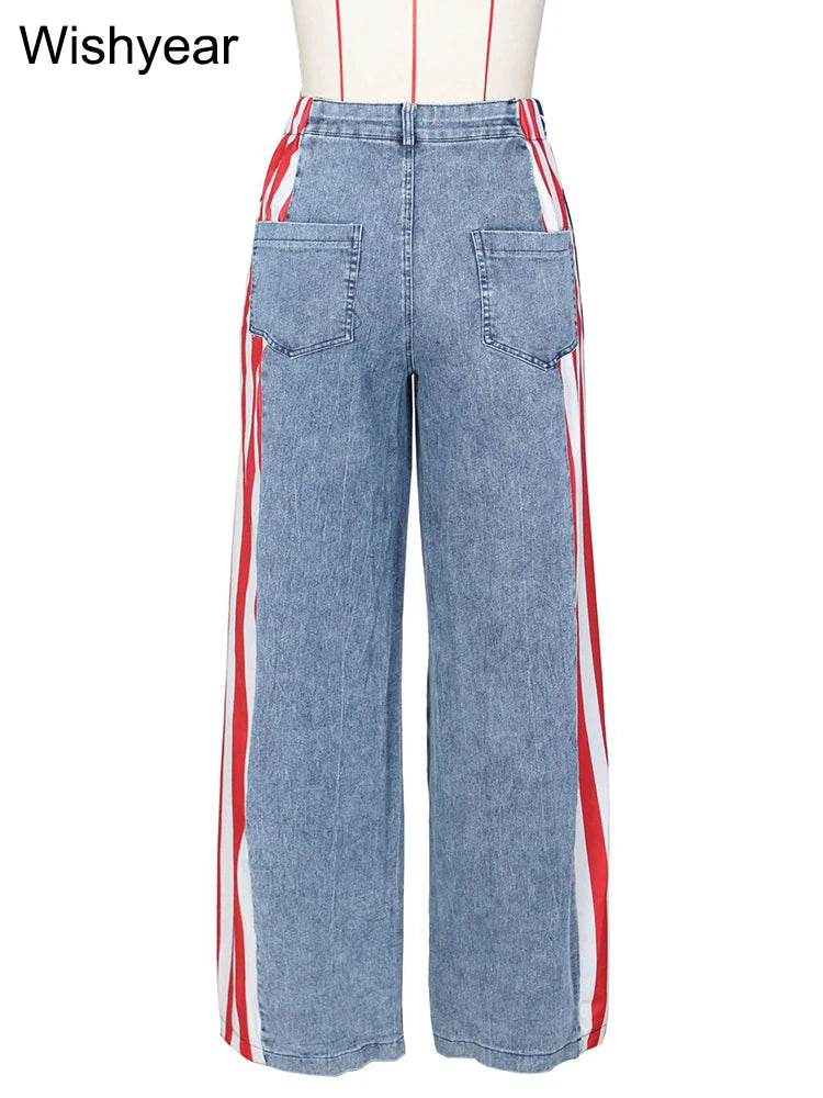 Wide Leg Baggy Jeans with High Waist and Stripe Patchwork Design