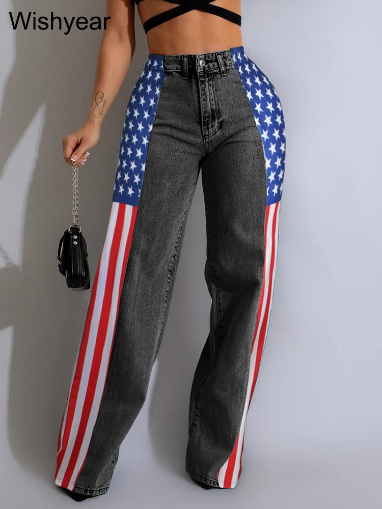 Wide Leg Baggy Jeans with High Waist and Stripe Patchwork Design