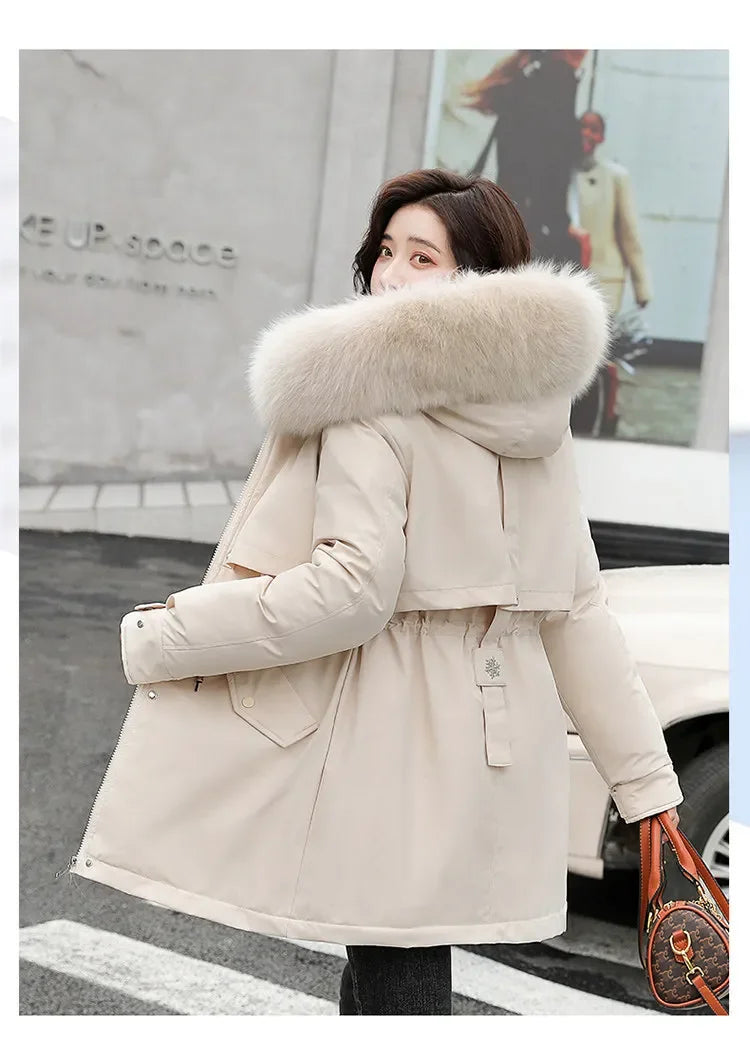 Hooded Long Parka with Wool Liner and Fur Collar Slim and Warm