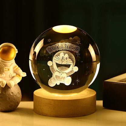 6cm 3D Crystal Ball Night Light – Stitch, Pokémon, Doraemon, Hello Kitty Laser Carved Design, Birthday Gift